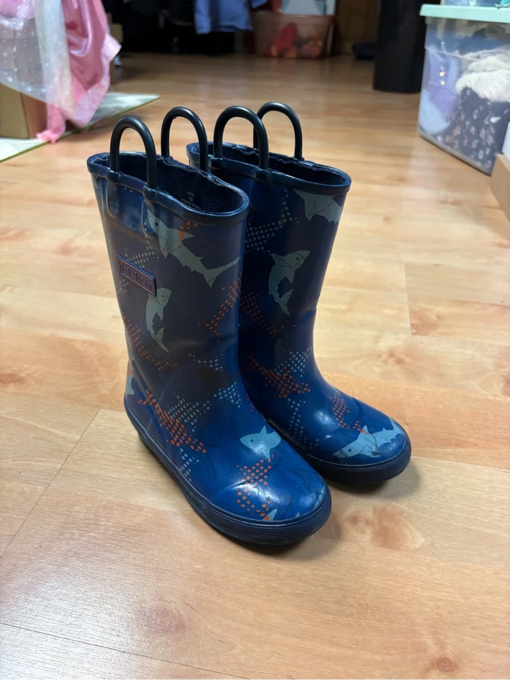 L.L.Bean Navy Blue Shark Print Rubber Rain Boots Waterproof Toddler Kids Size 12
